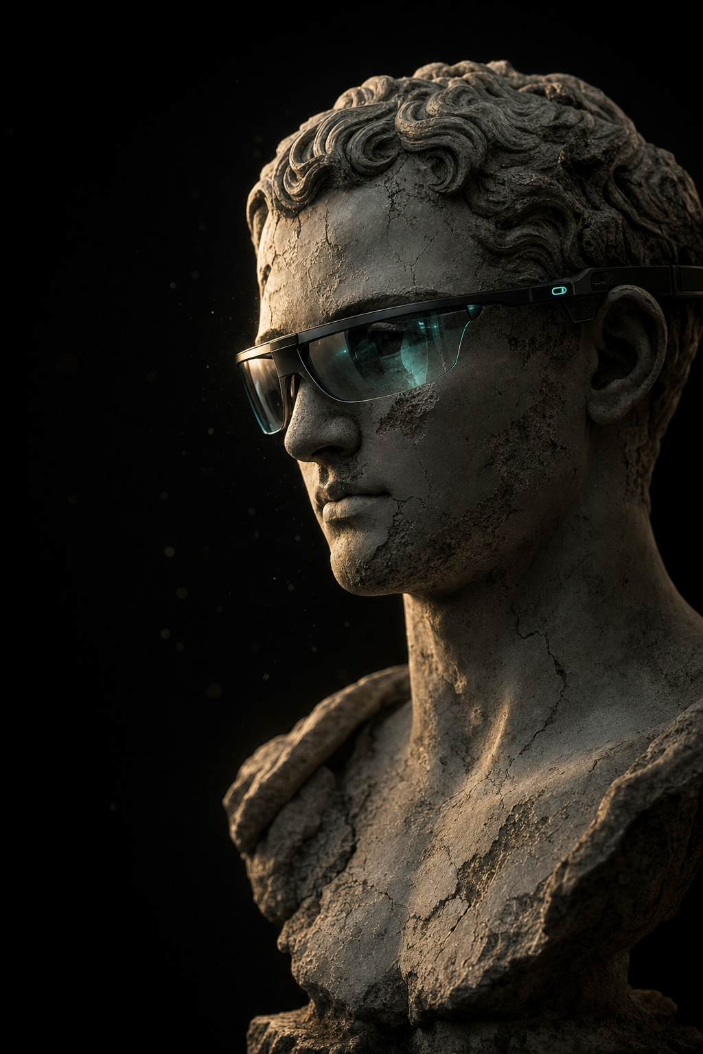 Busto de mármol clásico con lentes de realidad aumentada, iluminación cinematográfica